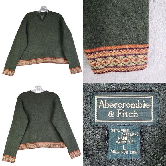 Vintage Abercrombie Fitch Sweater Women Large Green Shetland Wool Fair Isle - Picture 1 of 8